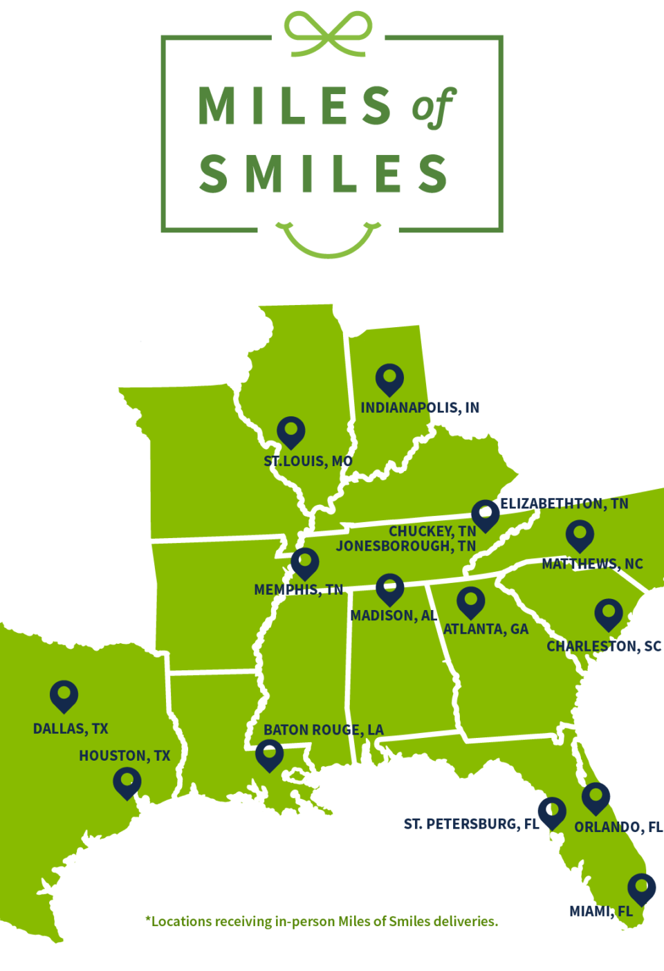 Map of USA with locations above highlighted.